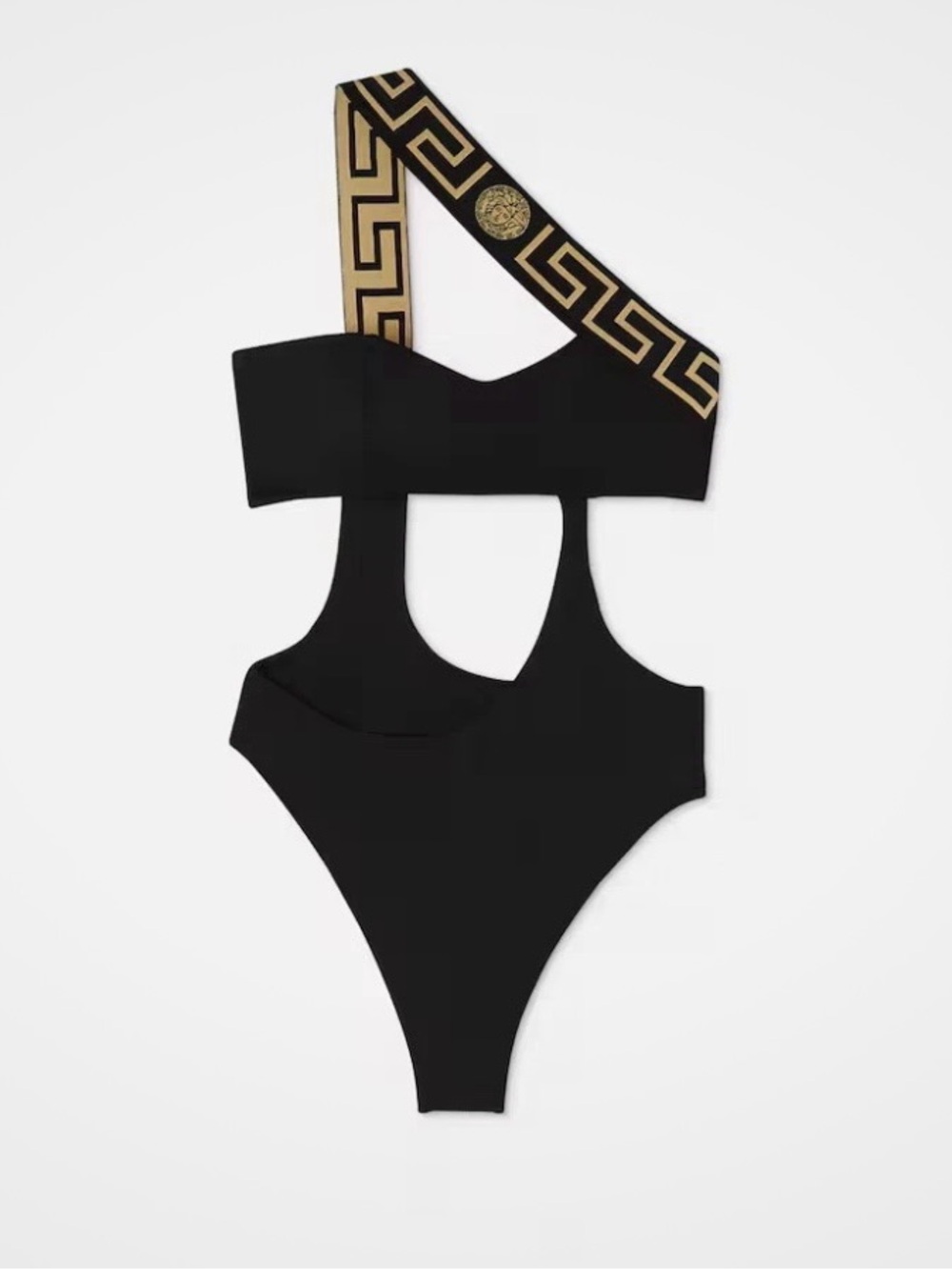 NWT Versace Swimsuit Size 2 Greca Cross Strap Cut Out One Piece Black Gold